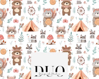 Cute Animals Seamless Pattern, Boho Tribe Digital, Cute Kids Background pattern, Nursery Seamless, Camping Digital Paper, Commercial Use