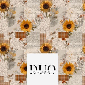 May include: A repeating pattern featuring bright yellow sunflowers, dried wildflowers, and brown plaid rectangles layered over a cream-colored background with vintage cursive script and lace textures. A white square overlay displays the black text DUO Designed Studio.