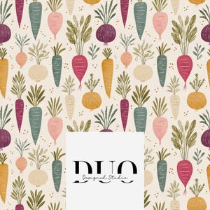 May include: A repeating pattern of various vegetables, including carrots, beets, and onions, in shades of orange, purple, pink, and green, on a cream background. The vegetables are stylized with detailed leaves and roots. The design includes the text "DUO Designed Studio".