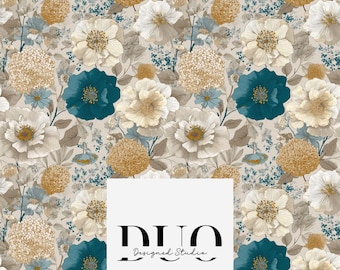 Boho Vintage Flowers Seamless Pattern, Floral Seamless Background, Autumn Fabric Digital Paper Download, Commercial Use