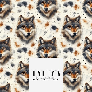 May include: A seamless pattern featuring watercolor illustrations of wolf faces on a white background with brown and black splatters. The pattern includes the text "DUO Designed Studio".