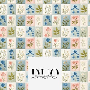 May include: A repeating pattern of floral tiles in pastel colors. Each tile features a different floral arrangement in shades of blue, pink, white, and green. The text "DUO Designed Studio" is displayed in black.