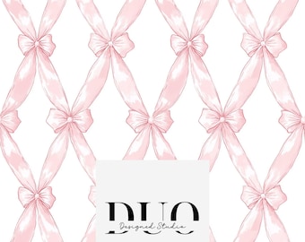 Pink Ribbons Trellis Seamless Pattern, Coquette Bow Seamless Background, Pink Bow Pattern, Pink Girly Fabric Digital Paper, Commercial Use