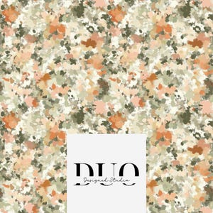 May include: A seamless digital pattern featuring an abstract, painterly design with splotches of sage green, burnt orange, cream, and soft peach. A white rectangular overlay at the bottom centre displays the black text DUO Designed Studio.