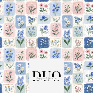 Blue Pink Floral Patchwork Seamless Pattern, Summer Seamless, Cute Floral Patchwork Print Repeating Background, Commercial Use