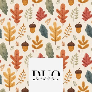 May include: A repeating pattern of autumn leaves and acorns in shades of orange, yellow, green, and red on a cream background. The design includes various leaf shapes and acorn illustrations. The text "DUO Designed Studio" is in a white rectangle.