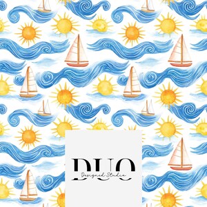 May include: A seamless pattern featuring watercolour illustrations of sailboats, suns, and blue waves. The pattern is on a white background and includes the text "DUO Designed Studio".
