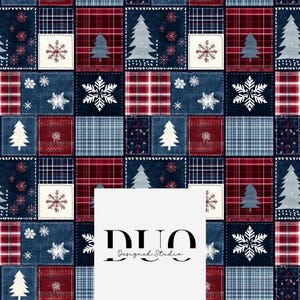 May include: A patchwork pattern featuring squares with Christmas tree and snowflake designs in red, white, and navy blue. The pattern includes plaid and denim-like textures, creating a festive and cozy aesthetic. The text "DUO Designed Studio" is at the bottom.