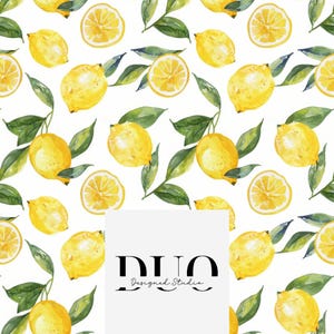 May include: Watercolor pattern of lemons and green leaves on a white background. Some lemons are whole, and some are sliced in half. The image includes the text "DUO Designed Studio" in a black font.