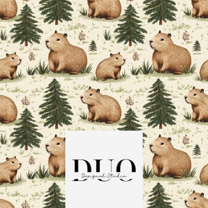 May include: A repeating pattern featuring capybaras, evergreen trees, and small plants on a cream-colored background. The capybaras are brown with dark eyes, and the trees are green. The image includes the text "DUO Designed Studio".