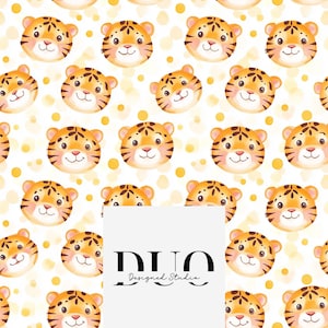 May include: A seamless pattern featuring orange and brown cartoon tiger faces on a white background with yellow polka dots. The text "DUO Designed Studio" is in the center of the image.