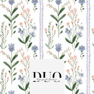 May include: Floral pattern featuring watercolor illustrations of blue and peach flowers with green leaves on a white background. Vertical dotted lines in lavender separate the floral arrangements. The text "DUO Designed Studio" is at the bottom.