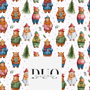 Christmas Bears Seamless Pattern, Christmas Digital Paper, Teddy Bears Background Pattern, Nursery Children&#39;s Design, Commercial Use