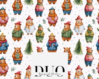 May include: A repeating pattern of watercolor bears wearing winter clothing and holding gifts. The bears are brown with various colored hats, scarves, and sweaters. Small green Christmas trees and snowflakes are scattered throughout the design. The text "DUO Designed Studio" is at the bottom.