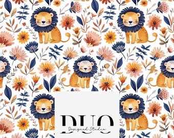 Op de afbeelding: Een naadloos patroon met een herhalend ontwerp van oranje leeuwen met blauwe manen, omringd door gele, oranje en roze bloemen. De achtergrond is wit. De tekst "DUO Designed Studio" staat in het midden van de afbeelding.