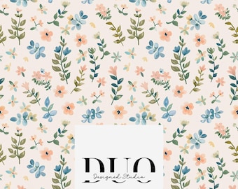 May include: A cream-coloured floral pattern with watercolour flowers and leaves in peach, blue, and green. The design features various flower and leaf shapes, creating a delicate, natural aesthetic. The text "DUO Designed Studio" is at the bottom of the image.