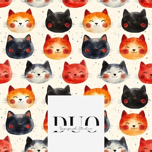 Watercolour Cats Neutral Seamless Pattern, Cat Background Pattern, Fabric Pattern Digital Paper, Pet Seamless, Commercial Use