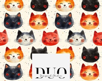 Motivo senza cuciture neutro con gatti acquerellati, motivo di sfondo con gatti, carta digitale con motivo in tessuto, animali domestici senza cuciture, uso commerciale