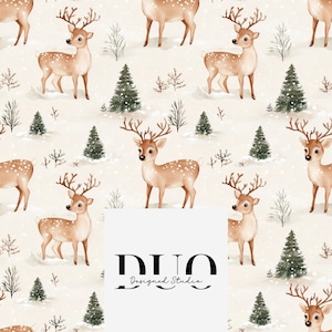 Patrón sin costuras de renos, papel digital de árbol de Navidad en acuarela, papel digital de bosque, licencia comercial, no exclusiva