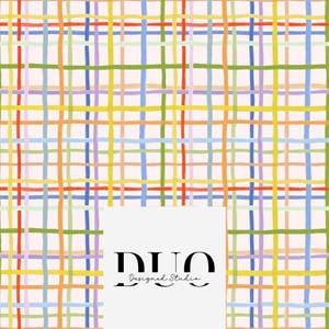 May include: A colorful plaid pattern with intersecting lines in red, orange, yellow, green, blue, and purple on a light pink background. The text "DUO Designed Studio" is in the lower right corner.