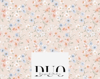 May include: A floral pattern featuring a repeating design of delicate flowers in shades of peach, blue, and white against a beige background. The image includes the text "DUO Designed Studio" in a black, stylized font.
