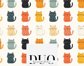 Modello senza cuciture con simpatici gattini, motivo ripetuto sulla superficie dei gatti, motivo in tessuto per animali domestici, carta da scaricare digitale, uso commerciale
