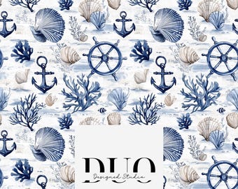 Coastal Nautical Seamless Pattern, Seaside Background Surface Pattern, Seashell Fabric Pattern, Digital Download Paper, Commercial Use