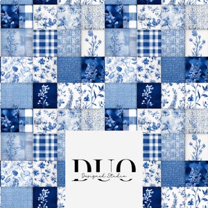May include: A patchwork design featuring squares with various blue and white floral, plaid, and textured patterns. The design includes the text "DUO Designed Studio" in a black font.