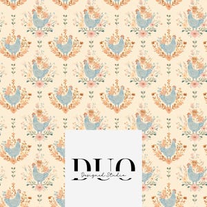 Pretty Boho Chickens Seamless Pattern, Country Chic Background Pattern, Hen Fabric Pattern, Homesteading Digital Paper, Commercial Use