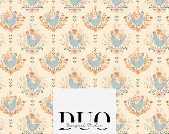 Bonito patrón sin costuras de gallinas bohemias, fondo elegante y campestre, tela de gallina, papel digital para uso comercial.