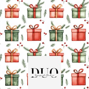 Christmas Gifts Red Green Seamless Pattern, Watercolour Christmas Presents, Repeat Pattern, Digital Paper Download, Commercial Licence