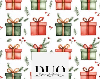 Christmas Gifts Red Green Seamless Pattern, Watercolour Christmas Presents, Repeat Pattern, Digital Paper Download, Commercial Licence