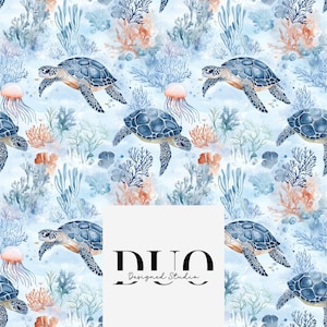 May include: Seamless pattern featuring watercolor illustrations of blue sea turtles swimming in a blue ocean with coral reefs and jellyfish. The pattern includes the text "DUO Designed Studio".