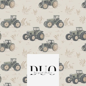 May include: A seamless pattern featuring green tractors on a beige background with brown grass. The tractors are drawn in a vintage style and have a rustic charm. The pattern is perfect for fabric, wallpaper, or wrapping paper.