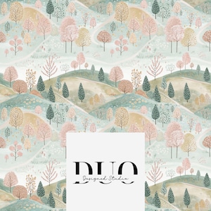 Peut inclure: Un motif sans couture représentant un dessin répétitif d'arbres rose pastel, vert et marron sur un fond blanc. Les arbres sont disposés de manière fantaisiste sur des collines ondulantes. Le texte "DUO Designed Studio" est situé dans le centre inférieur de l'image.