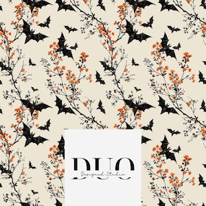 May include: A repeating pattern featuring black bats, orange flowers, and branches on a cream background. The design includes the text "DUO Designed Studio" in a white rectangle.