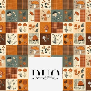Puede incluir: Un patrón repetitivo con cuadrados con ilustraciones otoñales. Los cuadrados muestran setas, hojas y elementos florales en tonos naranja, marrón y crema. El diseño incluye un logotipo con el texto "DUO Designed Studio".