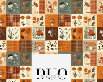Herfst paddestoel quilt naadloos patroon, naadloze patchwork achtergrond, herhaling tegel oppervlaktepatroon, stof digitaal papier, commercieel gebruik
