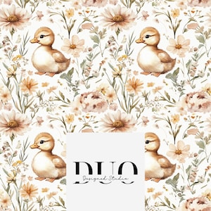 Op de afbeelding: Een naadloos patroon met aquarel illustraties van eendjes en wilde bloemen in tinten bruin, geel en wit op een witte achtergrond. De tekst "DUO Designed Studio" staat in het midden van de afbeelding.