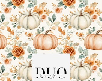 Fall Floral Pumpkin Autumn Seamless Pattern, Pumpkin Halloween Background Pattern, Autumnal Fabric Pattern, Digital Paper, Commercial Use