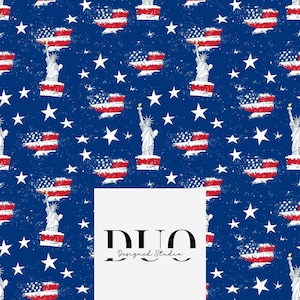May include: A patriotic pattern featuring the Statue of Liberty, American flags, and white stars on a dark blue background. The design includes the text "DUO Designed Studio" in a white rectangle.