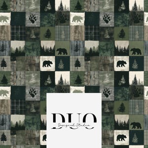 May include: A patchwork design featuring squares with forest and wildlife motifs. The squares include images of bears, pine trees, and bear paw prints in shades of green, brown, and white. The design has a rustic, outdoorsy theme.