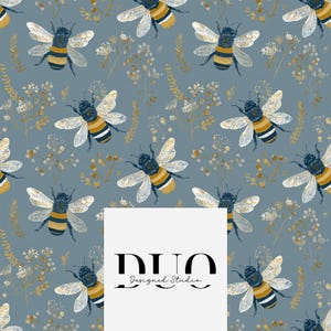 May include: A repeating pattern of bees and floral elements on a blue background. The bees are black and yellow with white wings. The floral elements are in shades of gold and white. The image includes the text "DUO Designed Studio".