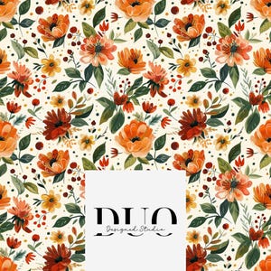 Puede incluir: Un patrón repetitivo de flores naranjas, rojas y amarillas con hojas verdes y pequeñas bayas sobre un fondo crema. Un recuadro rectangular blanco en el centro presenta el texto negro "DUO Designed Studio" en una fuente serif.