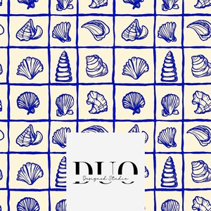 May include: A repeating pattern of blue seashell illustrations on a cream background, framed by a grid of blue lines. The design includes various seashell shapes. The image also contains the text "DUO Designed Studio".