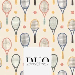 May include: A repeating pattern of tennis rackets and balls in pastel colors on a cream background. The rackets are in shades of pink, blue, yellow, and green. The tennis balls are peach and yellow. The image includes the text "DUO Designed Studio".