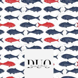 Red and Navy Fish Seamless Pattern, Nautical Repeat Surface Pattern, Patriotic Fabric Pattern, Digital Download Paper, Commercial Use