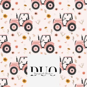 May include: A seamless pattern featuring pink tractors with black wheels on a light pink background. The pattern is filled with small pink, yellow, and brown flowers.