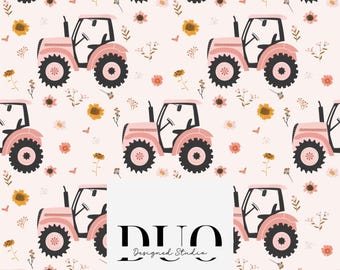 Pink Floral Tractor Seamless Pattern, Pink Farm Repeat Surface Pattern, Pink Tractor Fabric Pattern Digital Download Paper, Commercial Use