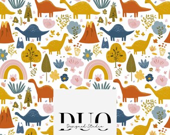 Helle Dinosaurier und Vulkane Musterdesign, Dinosaurier Hintergrundmuster, Dinosaurier Stoffmuster, digitales Papier, kommerzielle Nutzung